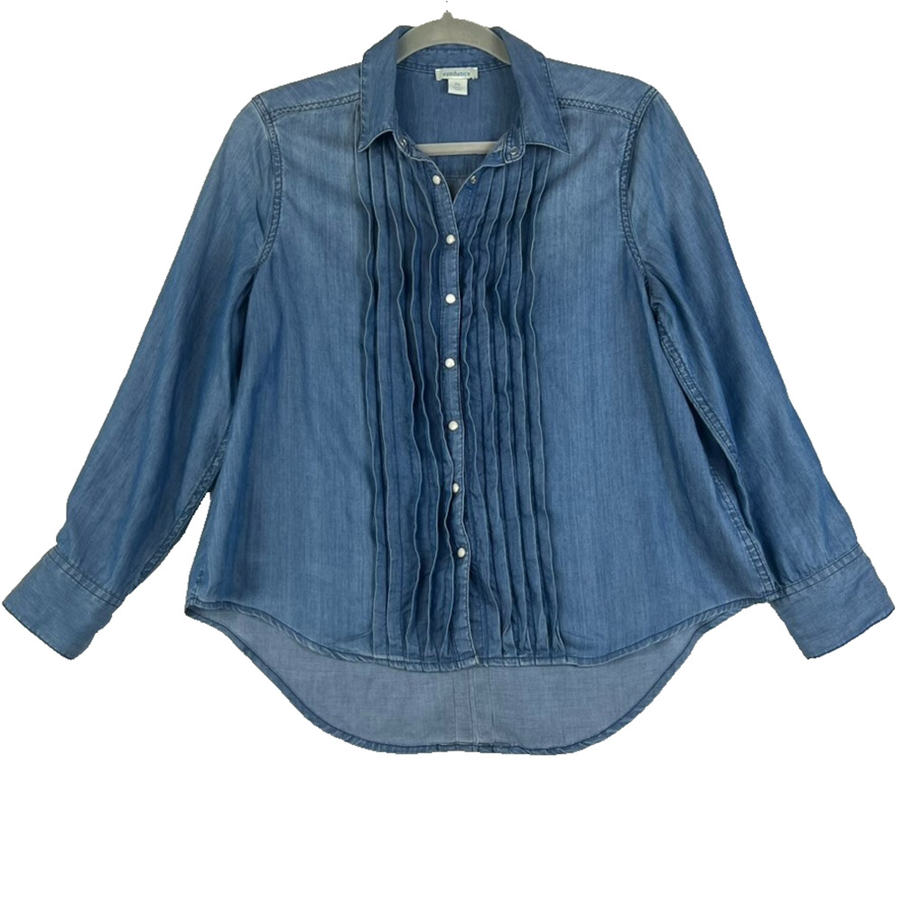 Sundance Women's Denim Blue Pleated Pearl Snap Long Sleeve Shirt Size Petite S
